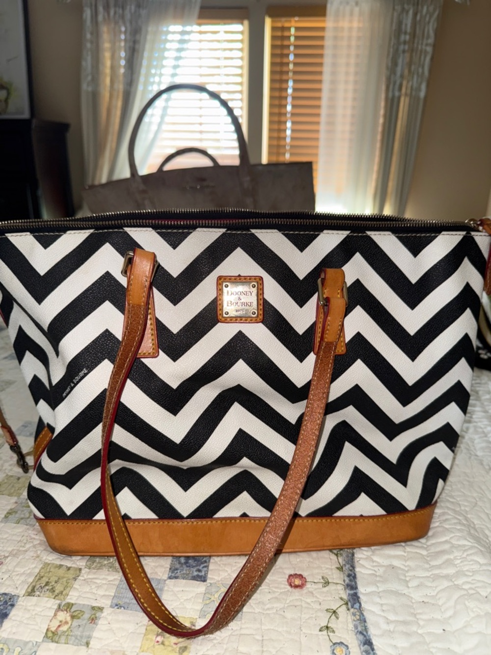 Dooney & Bourke Black & White Chevron Tote with Tan Trim